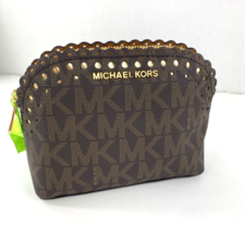Michael Kors Cosmetic Bag Cindy Scalloped Perforated Brown Logo Zip Smal... - $69.29