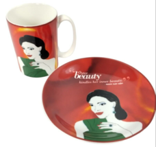 Mary Kay Ash Inner Beauty Quote Pink Porcelain Ceramic Coffee Mug and Plate Set - £19.46 GBP