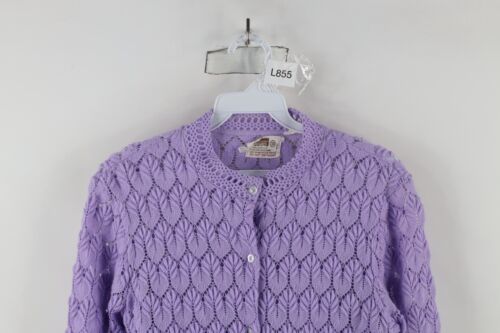 Vintage 60s Streetwear Womens 38 Pointelle Crochet Knit Cardigan Sweater Purple Item image 2
