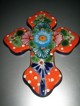 Authentic Mexican Orange Multi-Color Painted Pottery Hanging Wall Cross - $33.98