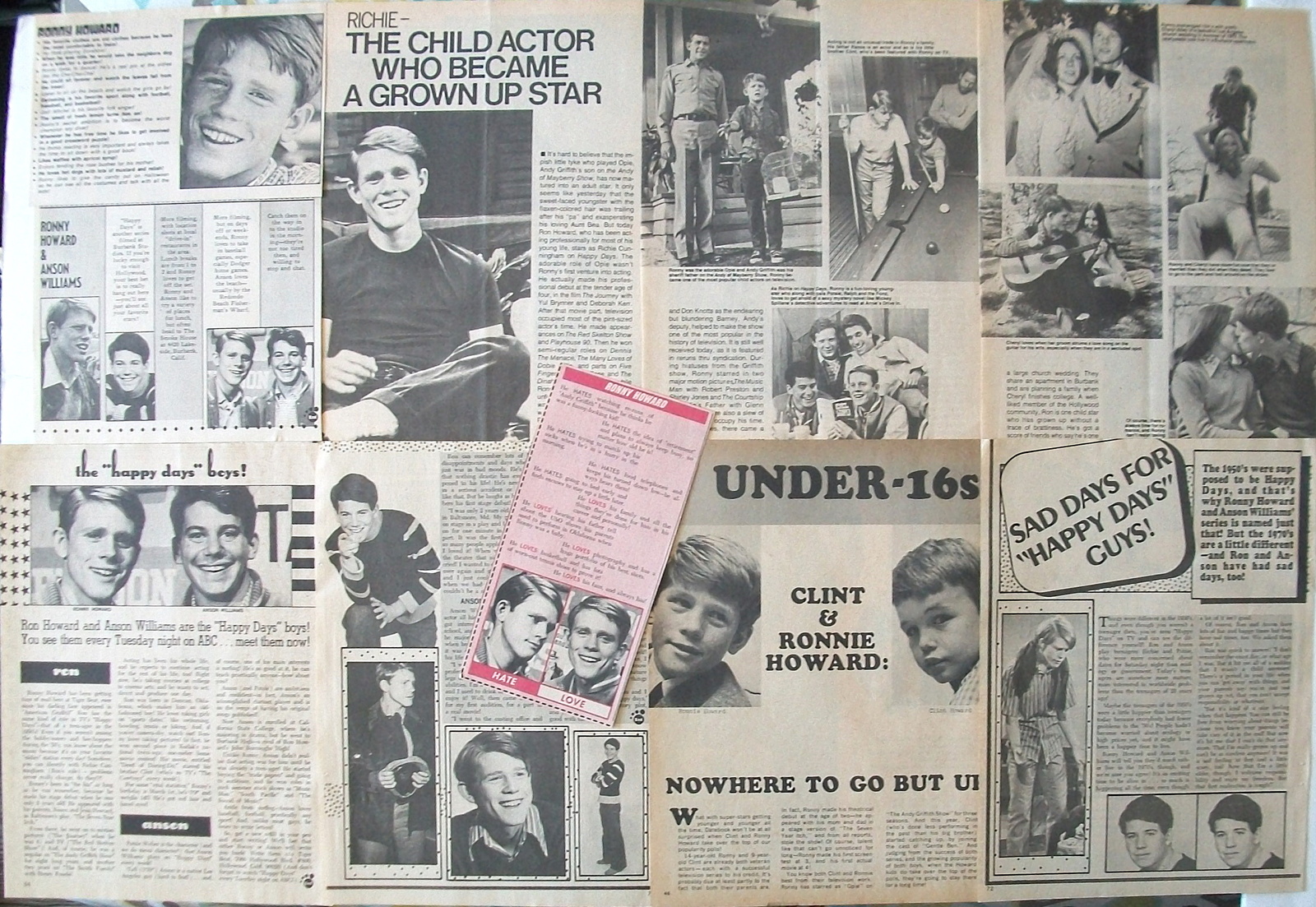 RON HOWARD ~ Ten (10) B&amp;W Vintage ARTICLES, Anson Williams, from 1968, 1... - $6.67