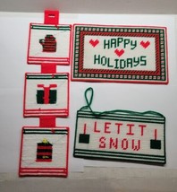Set Of 3 Finished Christmas Cross Stitch Pieces Let It Snow Happy Holidays - £23.38 GBP