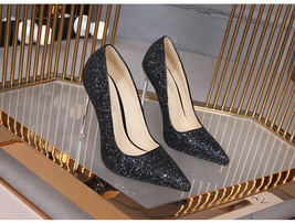 Sexy Nightclub Women&#39;s Shoes Metal Heel Shallow Mouth Pointed Thin Heeled Sequin - £39.09 GBP