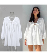 White Cotton Nightgown, Lantern Sleeve Woman Lace Up Bow Mini Dress Nigh... - $49.95