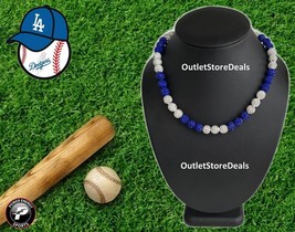 Rhinestone Bling Beads Crystal Beaded Baseball Necklace Royal Blue White Dodgers - £18.30 GBP+