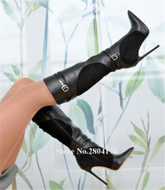 Women Elegant Pointed Toe Black Leather Suede Patchwork Stiletto Heel Knee High  - £191.58 GBP
