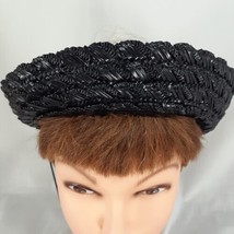 Womens Vintage Black Straw and Beads Half Hat with Elastic Chin Strap - £14.67 GBP