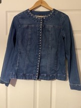 Chico&#39;s Denim snap up Jacket Faux Rhinestones and Pearls Size 0/ small 4 - $16.00