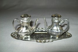 Salt &amp; Pepper Shakers With Tray Holder Silver Tone Color Metal Niagara F... - $9.95