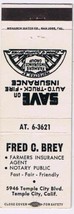 Matchbook Cover Fred C Brey Temple City California Farmers Insurance Group - £0.76 GBP