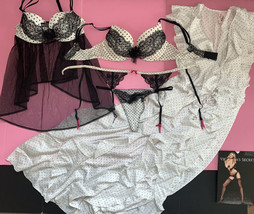 Victoria&#39;s Secret 36B Bra Set+Garter+Babydoll+Robe Gown Black White Polka Dot - £215.03 GBP