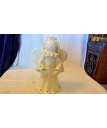 White Ceramic Angel With Christmas Tree and Spaghetti Hair 9&quot; Tall Gloss... - $57.00