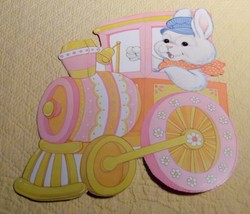 Vintage Easter Die Cut Cardboard Decoration Bunny Rabbit Engineer in Train - £6.40 GBP