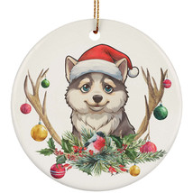 Cute Siberian Husky Dog Santa Hat Deer Antlers Flower Xmas Ornament Ceramic Gift - £11.86 GBP