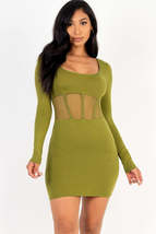 Olive Branch Green Square neck Long Sleeve Mesh corset Bodycon mini dress - £9.59 GBP
