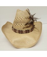 Three Rivers Western Cowboy Hat Straw with Band and Feathers 7 1/8 Vintage - £28.98 GBP