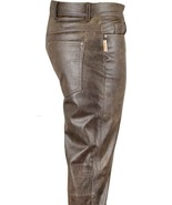 Men&#39;s Genuine Leather pants slim fit Casual Motorcycle hunting Jeans Brown. - £102.21 GBP