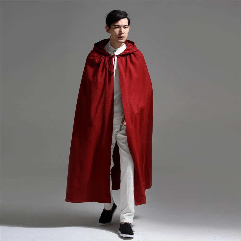 Chinese Style Long Hooded Red Cloak Men Cotton Linen Mens Trench Coat Loose Ponc - £316.14 GBP