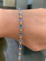 14K Yellow Gold Over 6.50Ct Pear Cut Blue Topaz Women's Tennis Flower Bracelet - £135.31 GBP