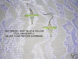 Silver Tone Dragonfly W Green &amp; Yellow Earrings Jewelry - £3.17 GBP