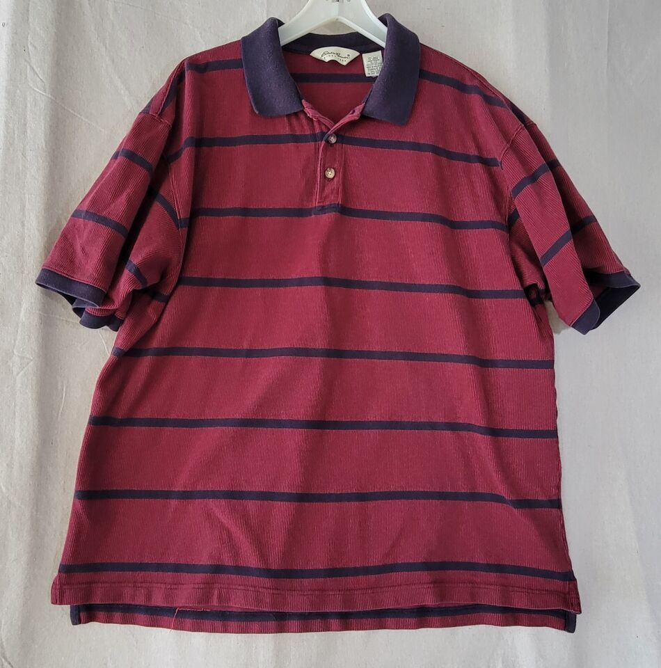 Primary image for Eddie Bauer Short Sleeve Mens XLarge Polo Shirt Maroon with Dark Blue Stripes