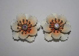 Coro Vintage Signed Metal 3D Flower AB Center Clip Earrings NOS J466 - $18.00