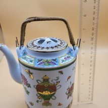 Vintage Teapot Rare Porcelain Chinese Tea Pot Bamboo Handle Flowers Butt... - $29.97