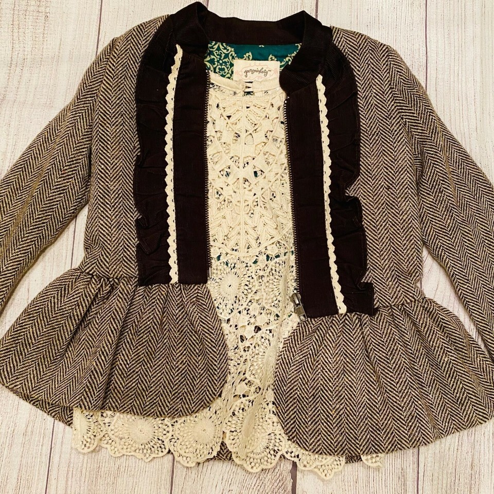 Persnickety Brown Jacket &amp; Underlay Lace Vest Sz 4 Print Model Top - $72.00