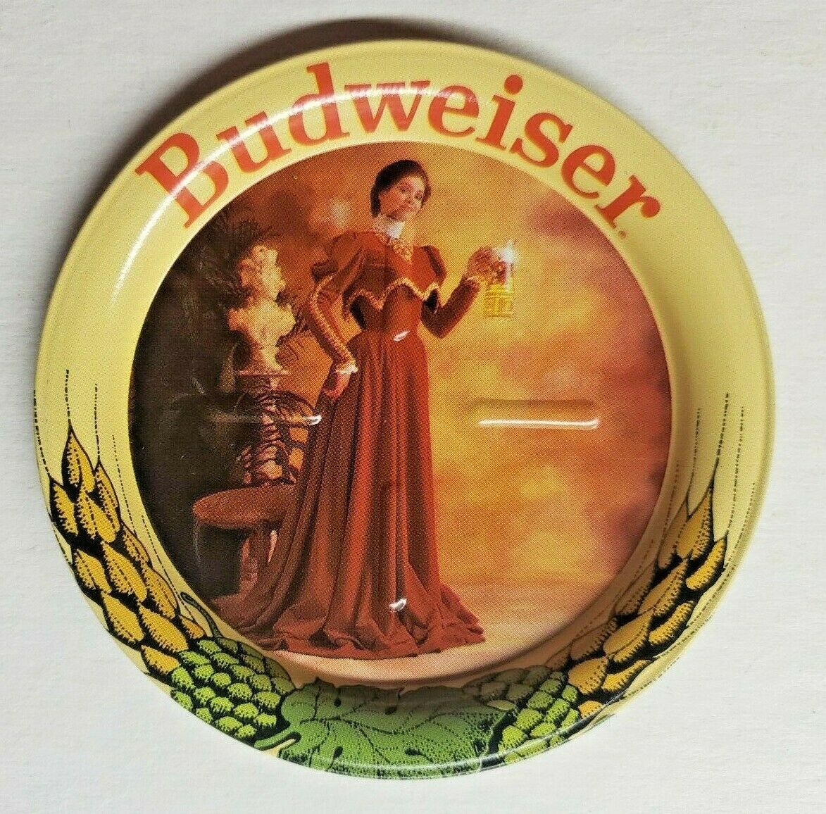 Primary image for Vintage Budweiser Beer Anheuser Busch Lady in Red Metal Coasters 3.5" New U139