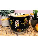 Lucky Cat Japanese Maneki Neko Black Porcelain Ramen Bowl With Chopstick... - $390.61 MXN