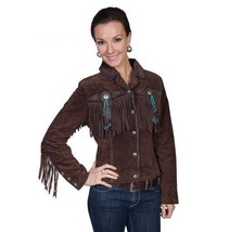 Women&#39;s Brown Suede Western Style Handmade Beaded Concho Fringed Leather Jacket - £140.82 GBP