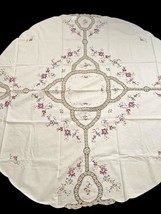 Vintage Handmade Embroidered Round Tablecloth 66" w/ 8 Napkins Floral Lace image 3