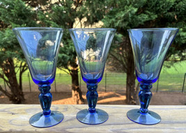 Set of 3 Blue Flared Wine Glasses Goblets with Bulb Stem 8” x 4” EUC - £19.61 GBP