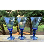 Set of 3 Blue Flared Wine Glasses Goblets with Bulb Stem 8” x 4” EUC - £19.95 GBP
