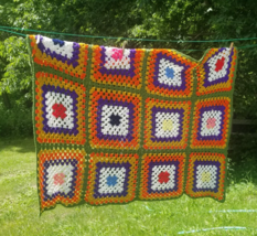 68&quot; Crochet Afghan Vintage Handmade Granny Square Colorful Loose Knit 68x52 - £8.56 GBP