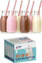 11 Oz Glass Milk Bottle Set of 6 - Includes Reusable White Lids and Straws (6) - £20.43 GBP