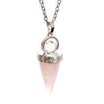 Rose Quartz Cone Pendant Quartz Ball Necklace 18&quot; Chain Gemstone Jewellery &amp; Box - £12.88 GBP
