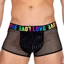 LOVE Print Fishnet Trunks Rainbow Pride Elastic Waist Sheer Back Black 6161 - £24.59 GBP