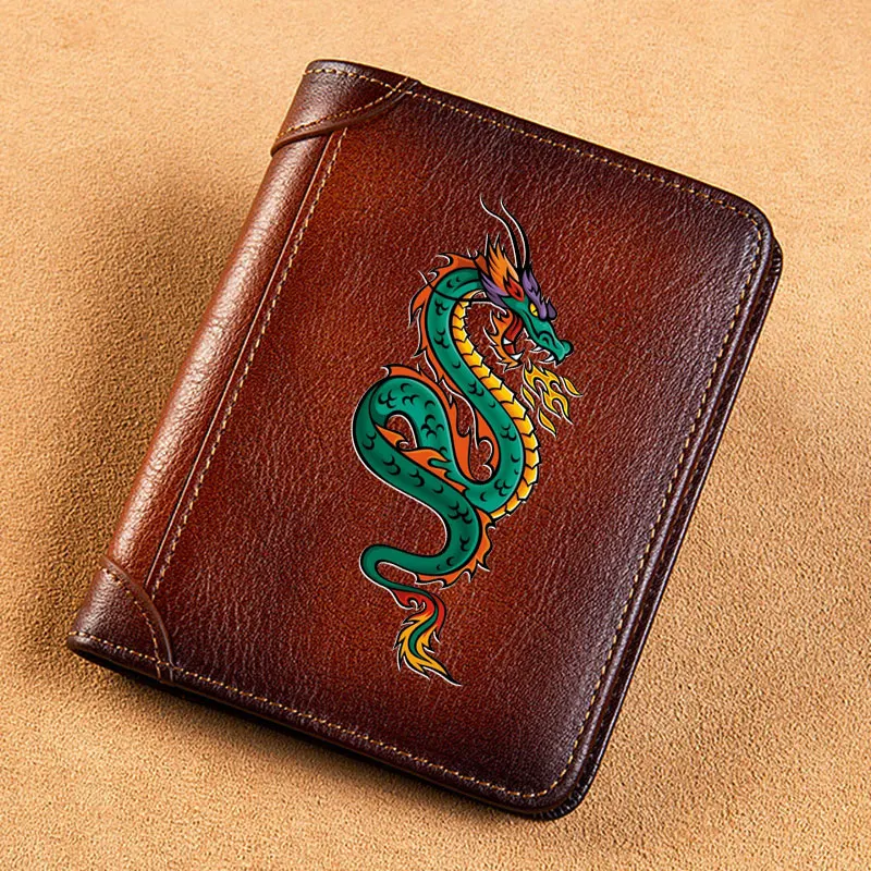 Nuine leather men wallets green dragon short card holder purse luxury brand male wallet thumb200