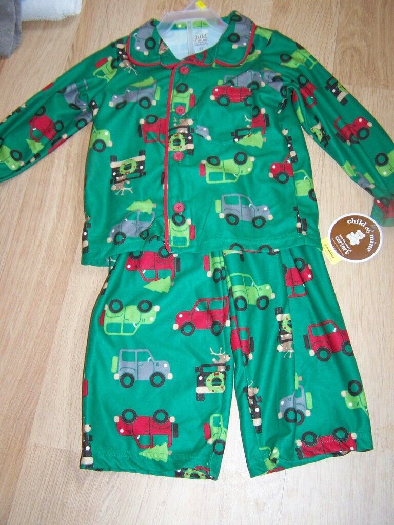 Primary image for Size 12 Months Carters Flannel Pajamas Top Pants Holiday Green Cars Trees New