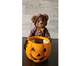 Teddy Bear Planter Jack O Lantern Halloween Wizard Pumpkin Orange Purple  7.5&quot; - £11.73 GBP
