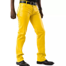 Stylish Men&#39;s Real Lambskin Genuine Leather Yellow Biker Pant Trousers Handmade - £84.00 GBP+