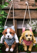 Set Of 2 Teacup Puppy Dogs On Blue And Pink Cute Outfit Swing Branch Han... - $47.99
