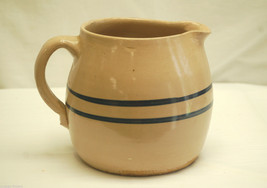 Old Vintage Stoneware Crock Pottery Pitcher Cream Body Double Cobalt Blue Bands - £39.21 GBP
