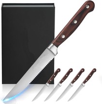 Steak Knives, Steak Knife Set of 4-Serrated German Stainless Steel (Brown) - £15.42 GBP