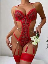Sexy Red Lace Lingerie Women Metal Strap Hanging Socks Buckle Tight Jump... - $15.00