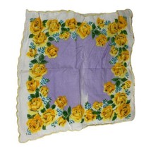 Handkerchief Yellow Roses Purple Floral Pattern Lavender Center 11” Vintage SEE  - £22.01 GBP