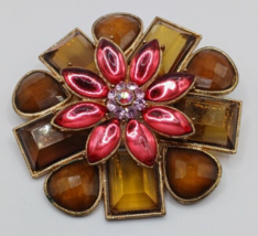 Floral Statement Brooch Brown Pink Gems Crystal Gold Tone 2.5&quot; Vintage - £15.53 GBP