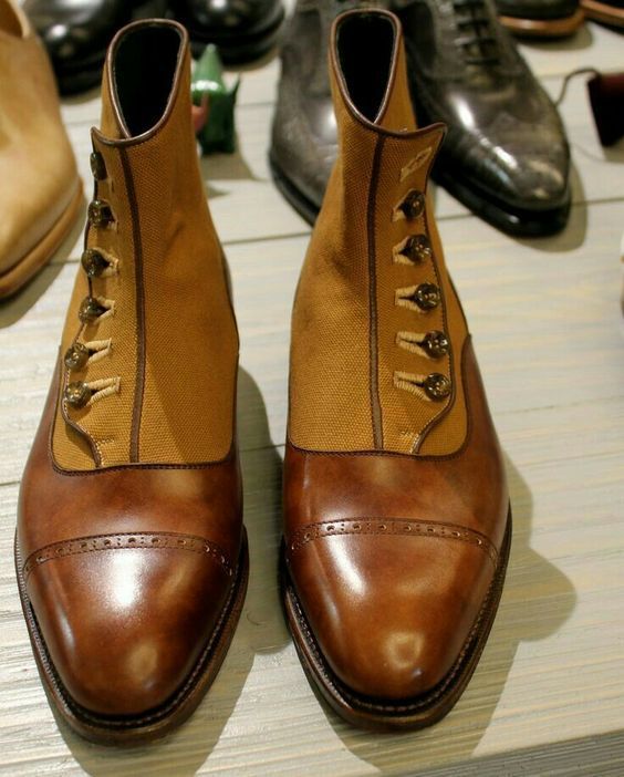 New Handmade Men's Ankle Button Boot,Tan Brown Leather & Suede Cap Toe Button B