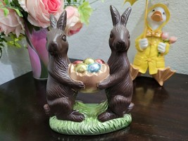 Easter Faux Chocolate Bunny Rabbit  Basket With Eggs Figurine Tabletop D... - $31.03
